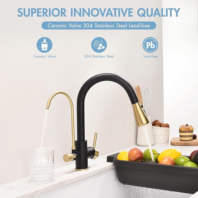 GIMILI Black and Gold 3 in 1 Kitchen Faucet with Under Sink Water Filter System, Reduces Lead, Chlorine, Bad Taste & Odor, Kitchen Sink Faucet with Drinking Water Faucet