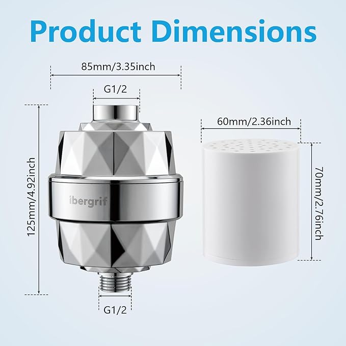 Ibergrif 20-Stage Shower Filter with Hard Water Softening + Chlorine Removal (6-Month Cartridge, Universal Fit), High Output Shower Head Filter Improves Skin & Hair, Reduces Dry Itchy Skin & Dandruff