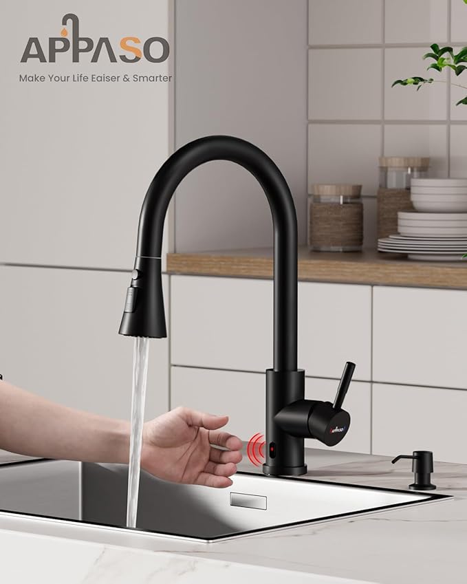 APPASO Touchless Kitchen Faucet, CUPC-Certified Hoses, Matte Black Hands Free Sink Faucet with Soap Dispenser and Pull Down Sprayer 3 Modes, Activated Motion Sensor Faucets S304 Stainless Steel