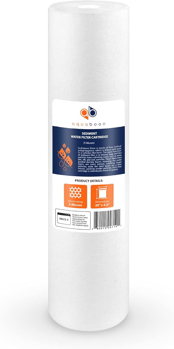 Aquaboon 5 Micron 20 x 4.5 Whole House Sediment Filter Cartridge 20 inch Water Filter Replacement Compatible with DGD-5005-20, FP25B, AP810-2, 2-Pack