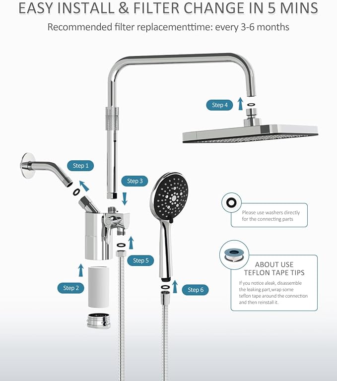Filtered Shower Head with Handheld,12 Inch High Pressure Rain Shower Head with Adjustable Extension Arm,Dual shower filter head for hard water,Tool-Free DIY Kit,Chrome