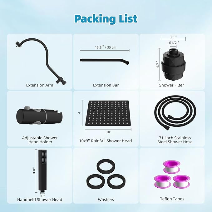 Hibbent All Metal 10'' Filtered Rainfall Shower Head, High Pressure Showerhead combo with 4-mode Handheld Spray, 12'' Extension Arm, Extension Bar with Holder, Shower Filter, Matte Black