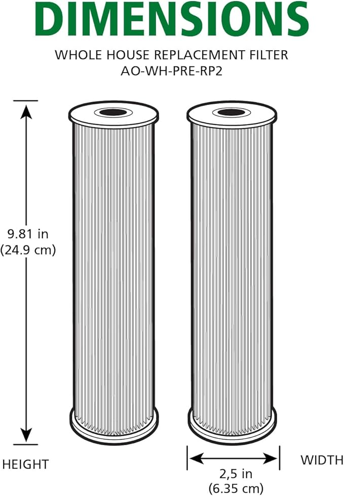 AO Smith 2.5"x10" 20 Micron Sediment Water Filter Replacement Cartridge - 2 Pack - NSF/ANSI 42 Certified - For Whole House Filtration Systems - AO-WH-PRE-RP2