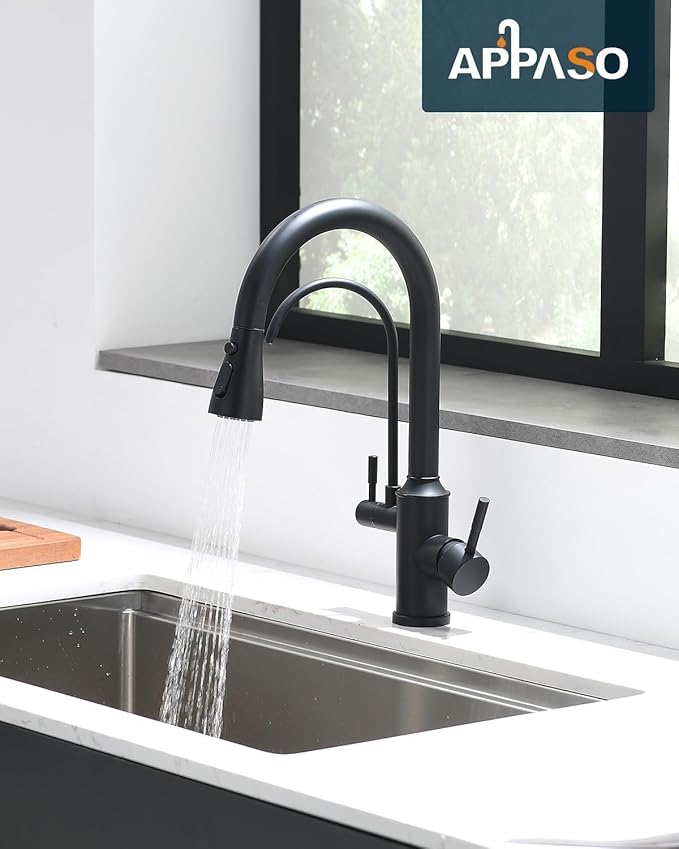 APPASO Kitchen Faucet with Water Filter, CUPC-Certified Hoses for Healthy Water, Matte Black 3 Way Sink Filter Faucets with Sprayer, 2 in 1 Faucet Black Matte (Without Filtration Device)