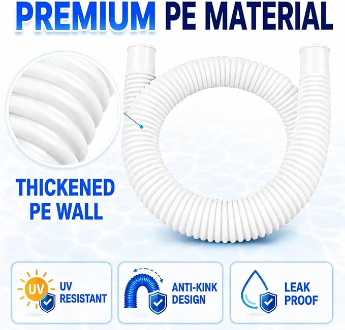 Replacement 1.25 Pool Hoses for Above Ground Pools, 1 1/4" x 59" Long, 1 Pack with 2 Metal Clamps (White)