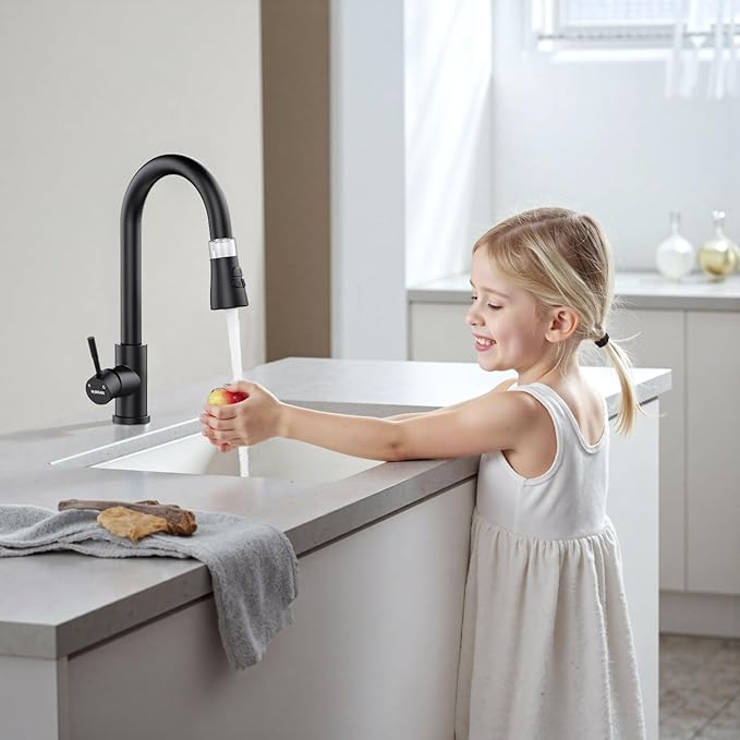 Kitchen Faucet with Pull Down Sprayer, Hurran Matte Black Water Filter Faucets, High Arc Single Handle Kitchen Sink Faucet 1 or 3 Hole, Utility Sink Faucets with Deck Plate for Farmhouse Rv Wet Bar