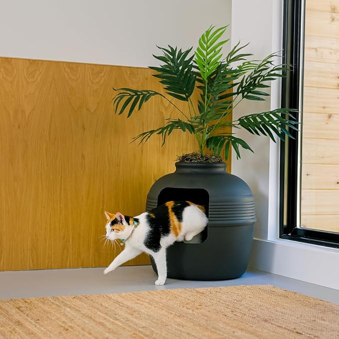 Good Pet Stuff Hidden Litter Box Planter, Decorative Cat Litter Enclosure with Carbon Filter & Faux Plant, Made in USA, Odor Control, Improved Design, NEW Round Style, Base Kit, Matte Black