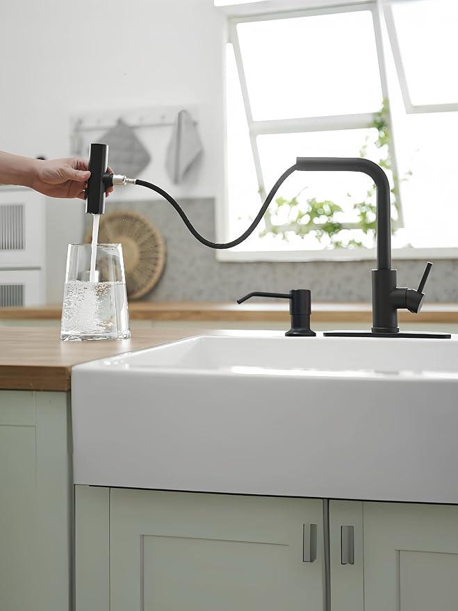 Black Kitchen Faucets with Pull Down Sprayer,Waterfall Kitchen Sink Faucet with Soap Dispenser,Utility Stainless Steel Kitchen Faucet,Single Handle Kitchen Faucet with Pull Down Sprayer for 3 Function
