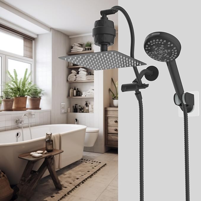 Hibbent All Metal 10'' Dual Filtered Rainfall Shower Head Combo, High Pressure Handheld Shower Head with 12'' Adjustable Curved Extension Arm, 20 Stage Shower Filter, 10-spray, 71'' Hose, Matte Black