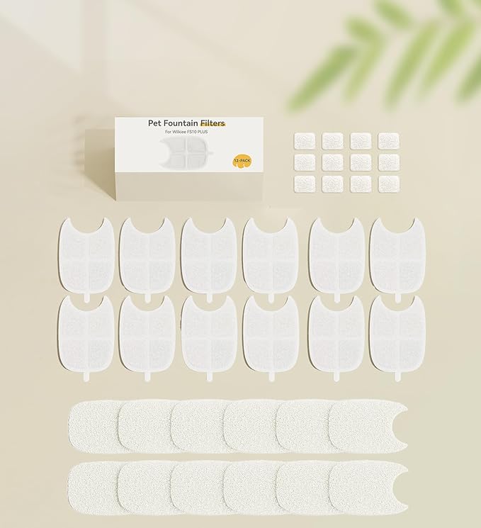 12 Pack Filters Replacement Filter for FS10 Plus Cat Fountain, 6 Layer Filter, Pet Drinking Fountain for 138 fl oz/4.1L FS10 Plus (White, 12 Filters + 12 Sponges & 12 Pump Filters)