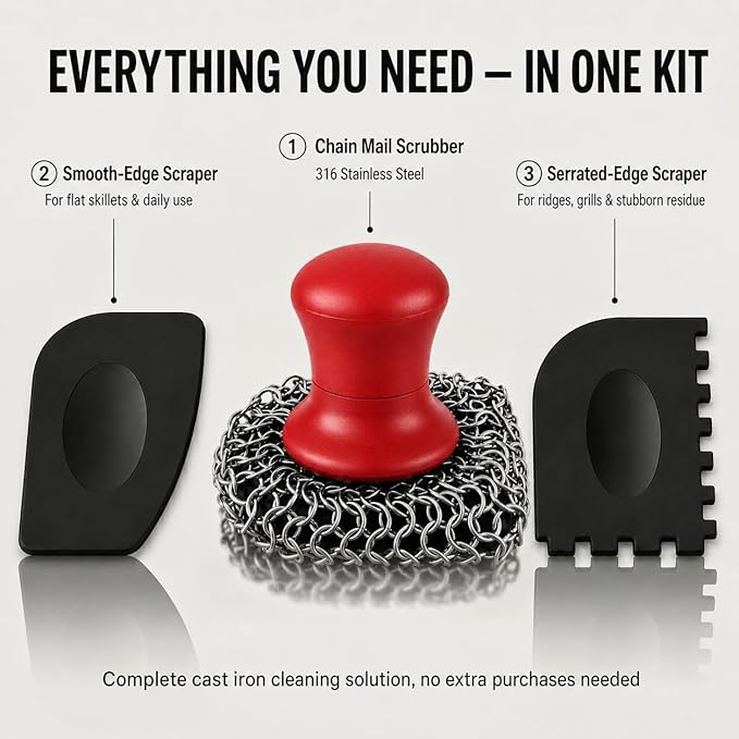 Cast Iron Scrubber and Scraper | 316 Chainmail Scrubber for Cast Iron Pan Skillet Cleaner | Chain Mail Scrubber for Dishes Pots Wok Griddle Grill | Dish Scouring Pad Dishwasher Safe, Red 01