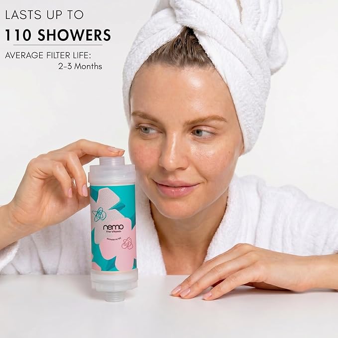 NEMOFILTER Vitamin C Shower Filter for Hard Water, Chlorine & Heavy Metal Removal, Reduces Dry Itchy Skin and Frizzy Hair, Aromatherapy Softener, Easy Install, Cherry Blossom, 150g