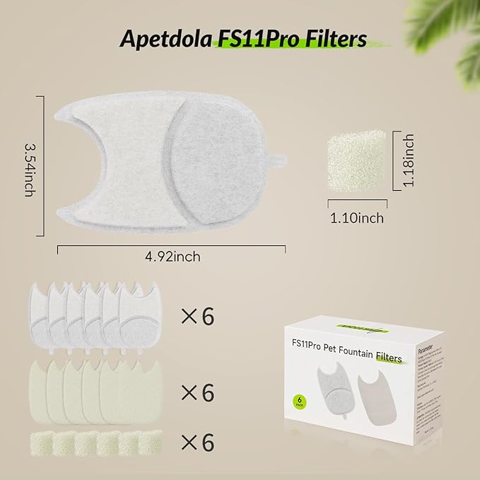 Cat Water Fountain Filter,6 Pack FS11PRO Cat Fountain Filter Replacement, 6 PCS Filters & 6 PCS Sponge Set for Stainless Steel Cat Dispenser,6 Layer Filters for Pet Fountain