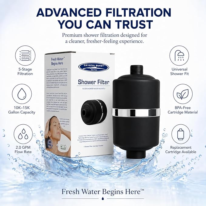 Crystal Quest Shower Filter, Shower Head Filter for Hard Water, Shower Water Filter Removes Chlorine, chloramines & VOCs, Filter Shower Head, Improves Skin & Hair, Long-Lasting - ISO Certified, Black