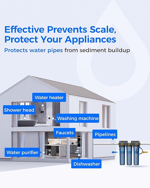 Waterdrop WHF3E-SKH 3-Stage Whole House Water Filter System,with Heavy Metal and Anti-Scale Sediment Filter, Highly Reduce Scale,Lead, Chlorine,Taste,5 Micron,1" Inlet/Outlet,20 x 4.5