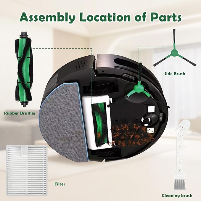 Replacement Parts for iRobot Roomba Essential Q0120, Y0110, Q011, Y0140, Q0520, 1010/1020/108/106/105/104 Combo/Vac Robot Vacuum Accessories, 2 Roller Brush 8 Hepa Filters 8 Side Brushes