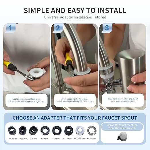 Water Filter for Sink Faucet, 304 Stainless Steel Water Purifier for Kitchen Sink, Reduces PFAS, Lead, Chlorine & Microplastics, 350 Gallons Long-Lasting for Kitchen & Bathroom, 2 Filters