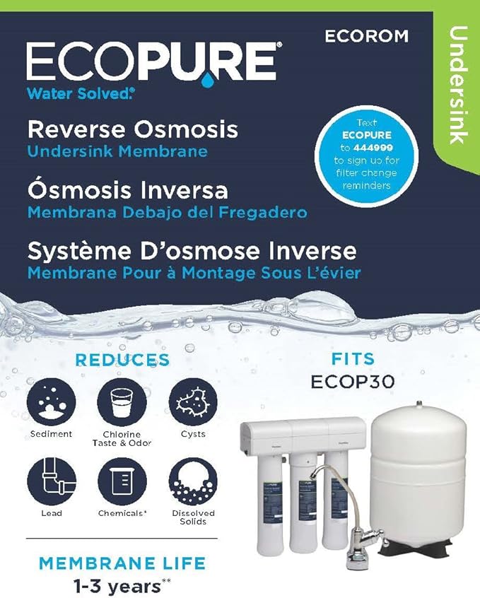 EcoPure ECOROM Reverse Osmosis Under Sink Replacement Water Membrane | NSF Certified | Fits Ecop30 System | 1-3-Year Filter Life, 0.9, White (Pack of 2)