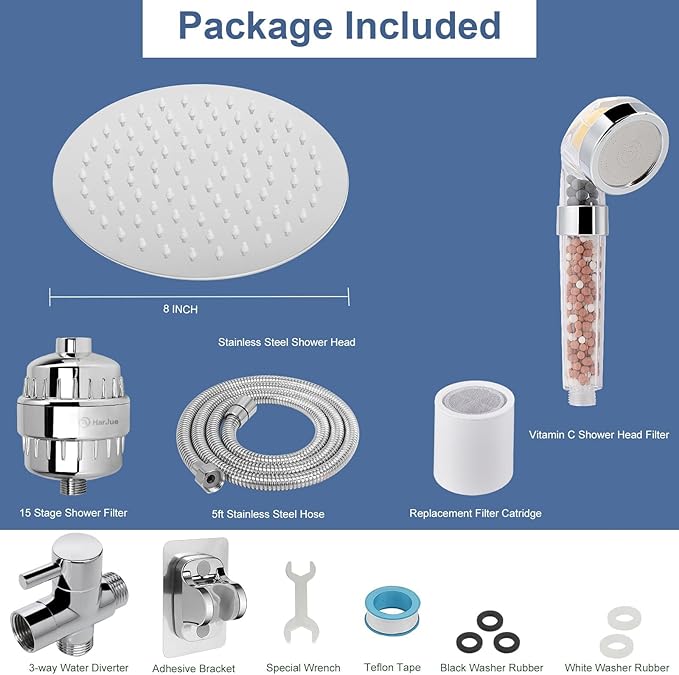 Filter Shower Head, High Pressure 8 Inch Rainfull with Filter Combo for Hard Water, Remove Chlorine Fluoride and Harmful Substances- 1 Replaceable Filter Cartridge (Round, Chrome)