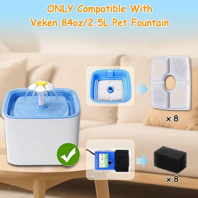 8 Pack Replacement Filters & 8 Pack Pre-Filter Sponges for Veken 84 oz / 2.5L Automatic Pet Water Fountain, Triple Filtration Cat Fountain Replacement Filter