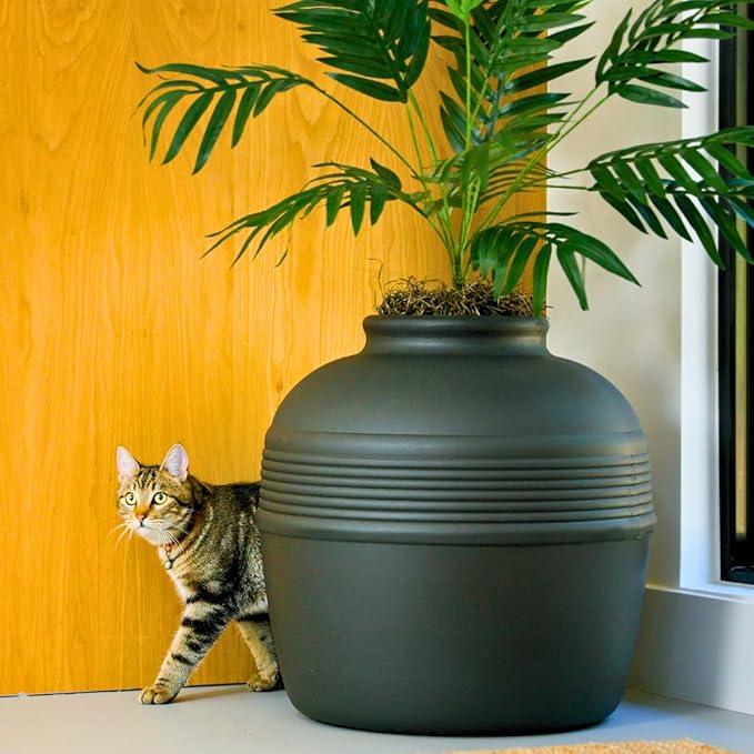 Good Pet Stuff Hidden Litter Box Planter, Decorative Cat Litter Enclosure with Carbon Filter & Faux Plant, Made in USA, Removable Liner, Odor Control, NEW Round Style, Essentials Kit, Matte Black