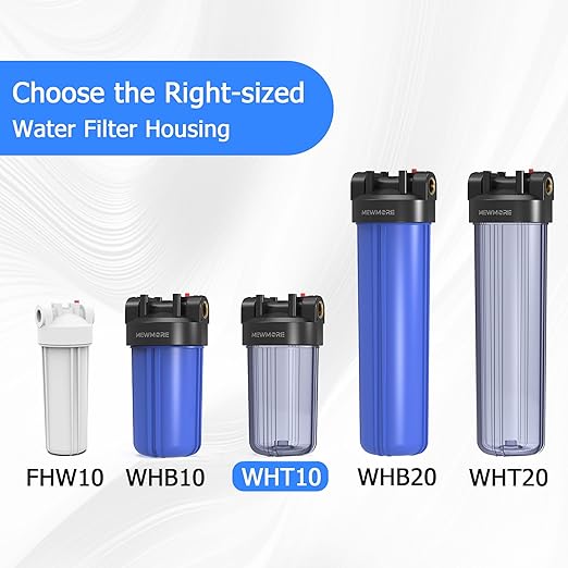 WHT10 Whole House Water Filter Housing, Fit 10"x4.5" Sediment etc Filters for Well and City Water, Big Filter Blue Pre-Filtration System for Home, 1" NPT Port, Pressure Release (Clear Housing)