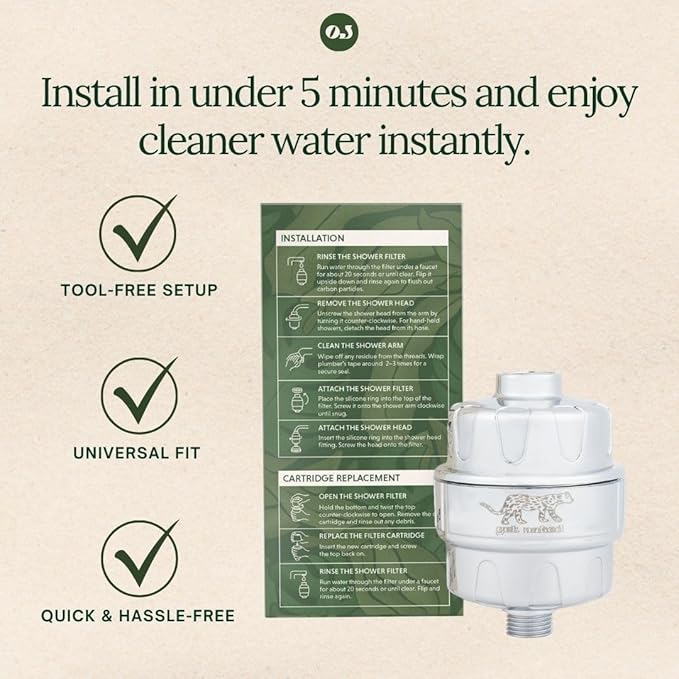 Organic Jaguar Shower Filter, 22 Stage Water Shower Head Filter For Hard Water, Heavy Metals, Chlorine & Impurities, Supports Hair and Skin Health & Hydration, Easy Installation, Long Lasting, Chrome