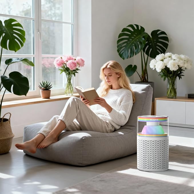 AIRROMI Pet Air Purifier for Home & Bedroom, HEPA Activated Carbon Filter, Removes Pet Dander & Odor, Allergies, Smoke, Hair, Night Light, Fragrance Sponge, Up to 658 ft², A2002 Rainbow