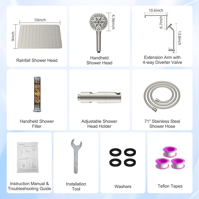 All-Metal 10" High-Pressure Rain Shower Head with Handheld- 10-Spray Power Wash with Shower Filter, Easy Reach 4-Way Diverter with Pause Mode, Adjustable 16" Extension Arm/ 71" Hose, Brushed Nickel
