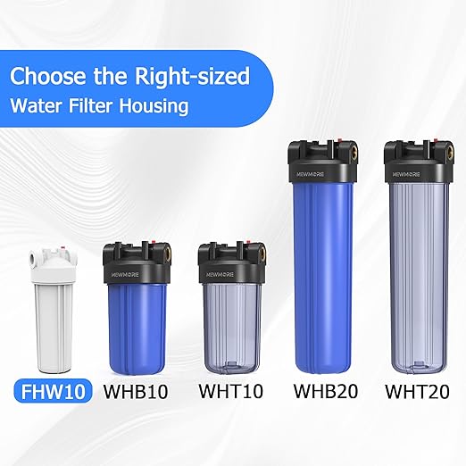 FHW10 Whole House Water Filter Housing, Fit 10"x2.5" Sediment etc Filters for Well and City Water, Pre-Filtration System for Home, 3/4" NPT Port, Pressure Release