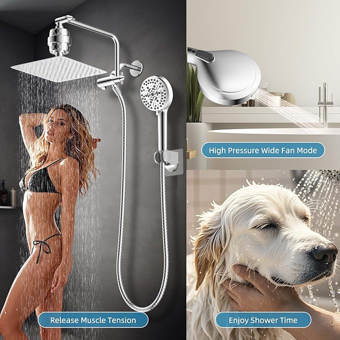 Filtered Shower Head, 10" High Pressure 10-Spray Handheld/Rainfall Shower Head Combo with 20 Stage Shower Filter, 11" Shower Extension Arm, 71" Hose, Shower Head Holder, Chrome