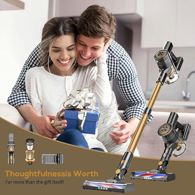MBTTODF Cordless Vacuum Cleaner for Home & Pet Hair – Lightweight Stick Vacuum with 40-Min Runtime, Anti-Tangle Brush & LED Headlight, for Hardwood, Carpet & Tile(Yellow)
