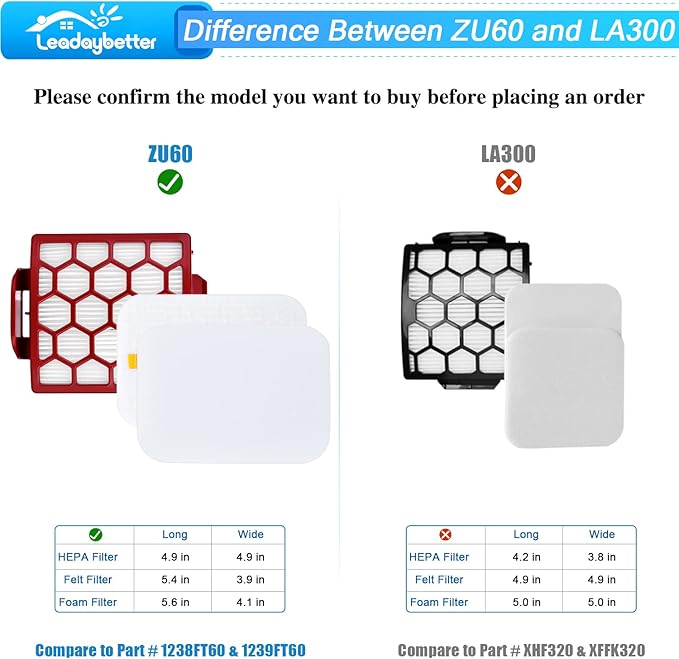 Leadaybetter ZU100 ZU102 Filter Replacement for Shark Navigator Pet Plus NV150, NV251, NV255 and Zero-M Self-Cleaning Brushroll Pet Pro ZU60, ZU62, ZU62C Upright Vacuum, Part 1238FT60 & 1239FT60