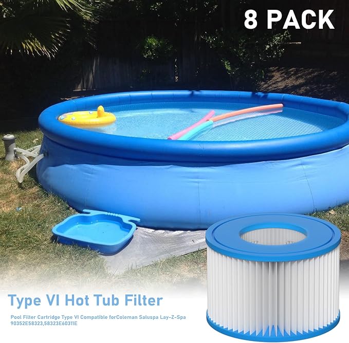 Type VI Hot Tub Filter Cartridge Compatible with Lay-Z-Spa, Coleman SaluSpa 90352E, 58323E, 58323 Swimming Pool Pump, 8 Pack