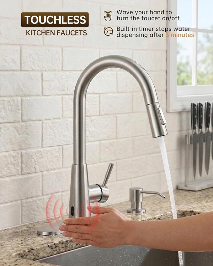 APPASO Touchless Kitchen Faucet with Soap Dispenser and Pull Down Sprayer 2 Modes, Brushed Nickel Motion Sensor Hands-Free Sink Faucets with cUPC Certified Water Hoses No Lead, S304 Stainless Steel
