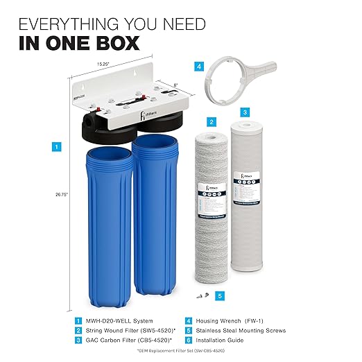 iFilters MWH-D20 Whole House Water Filtration System, 20 x 4.5 Dual-Stage Whole House Water Filter System, Sediment & CTO Carbon Filtration for Chlorine, Rust, Sand, Dirt & Odor Reduction