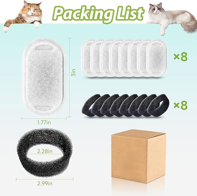 Cat Water Fountain Filters, 16 Pack Cat Fountain Filter Replacement for 67oz/2L & 108oz/3.2L Stainless Steel Pet Water Fountain, 8 Pack Pet Replacement Filters with 8 Sponges