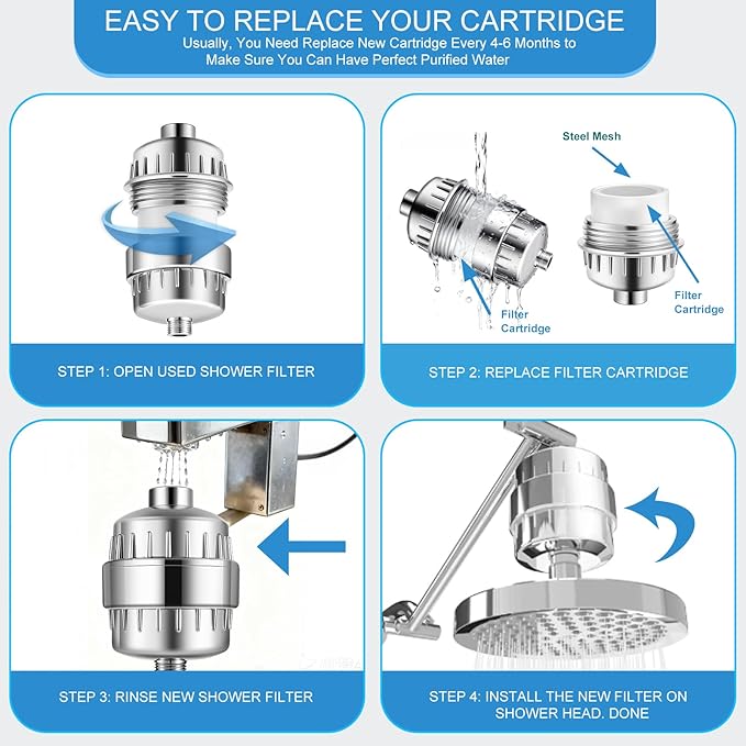 Shower Filter Replacement Cartridge for Hard Water, 25+ Stages Efficient Showerhead Filter Cartridges, High Output Universal Shower Water Filters To Remove Heave Metals, Reduces Chlorine & Toxins