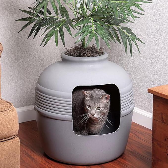 Good Pet Stuff Hidden Litter Box Planter, Decorative Cat Litter Enclosure with Carbon Filter & Faux Plant, Made in USA, Odor Control, Improved Design, NEW Round Style, Base Kit, Pebble Gray