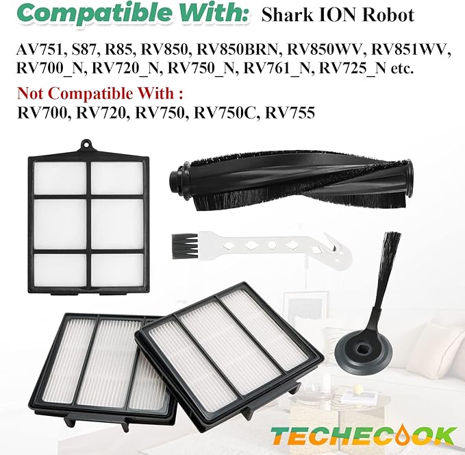 Replacement Parts for Shark ION Robot AV751 AV752 AV753 RV700_N RV720_N RV850 RV851WV Vacuum Cleaner Accessories by Techecook - 6 Side Brushes,3 Filter,1Main Brush,1 Filter Guard,1 Cleaning Brush