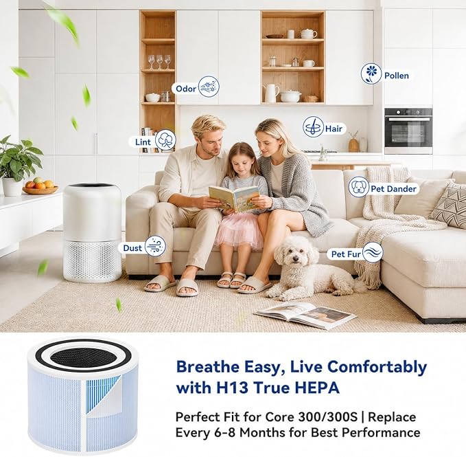 Core 300 4-in-1 Smoke Remover Filter Compatible with LEVOIT 300 300-P 300S 300S-P, H13 True HEPA Carbon, 99.97% Filtration Dust Pollen Dander Odor, Replaces Part # Core 300-RF-SR, 2 Pack Blue