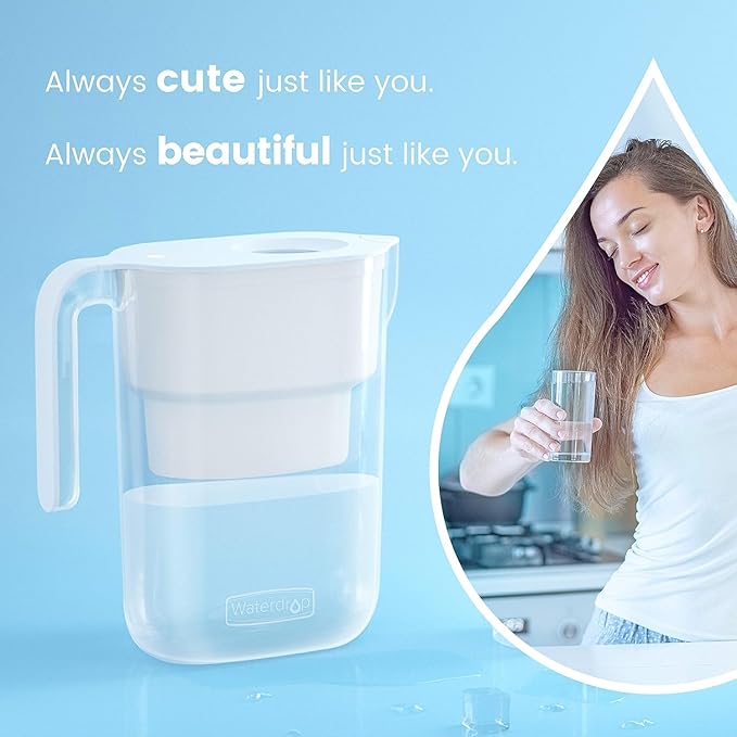 Waterdrop PT-05W Water Filter Pitcher, 7-Cup Capacity, NSF Certified, 5X Longer Filter Life, Up to 200 Gallons, for Fridge, Countertop, and Gift Giving, Reduces PFOA/PFOS, Chlorine, White