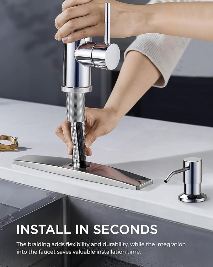 FORIOUS Chrome Kitchen Faucet with Soap Dispenser, High Arc Modern Sink Faucet with Pull Down Sprayer and Deck Plate, Stainless Steel Fit for 1 or 3 Hole for Pot Filler Bar Farmhouse Laundry Rv