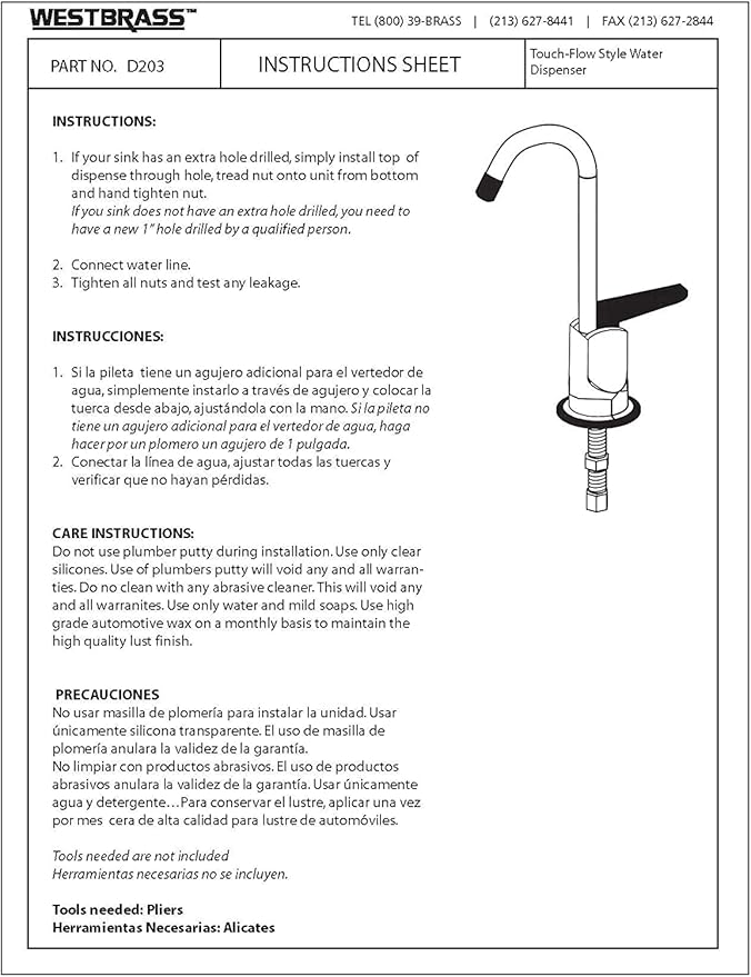 Westbrass D203-NL-50 6" Touch-Flo Style Pure Cold Water Dispenser Faucet, Powder Coat White