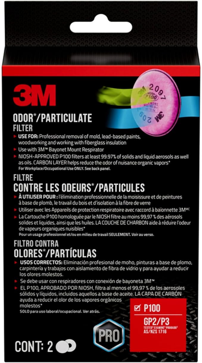 3M Performance P100 Particulate + Odor Filters, 2 Pairs, NIOSH-Approved, 99.97% Filtration Efficiency Against Solids & Liquid Aerosols, Use with 3M 6000, 6500 & 7500 Series (2097P2-DC), 3-Pack
