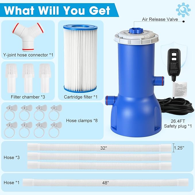 Pool Pumps Above Ground, 1000 Gallon Pool Filter Pump – Powerful Pools Filter Cartridge with Circulation System & Safety Filtration – Quickly Get Crystal Clear Water for with Filters Pumps