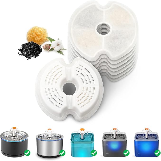 Cat Water Fountain Filters, 8 Packs Replacement Carbon Filters for Automatic Pet Fountain, Stainless Steel Cat Water Fountain