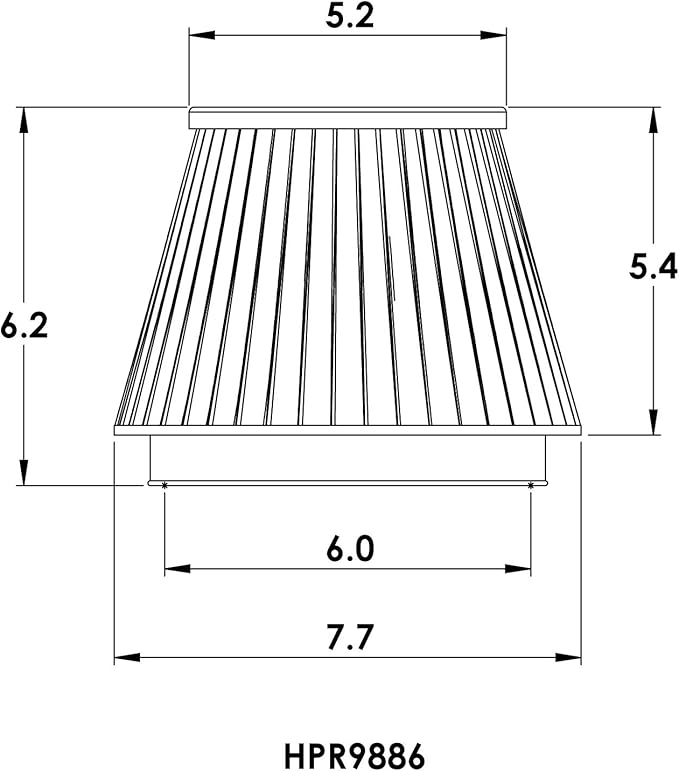 Spectre Universal Clamp-On Air Filter: High Performance, Washable Filter: Round Tapered; 6 in (152 mm) Flange ID; 6.219 in (158 mm) Height; 7.719 in (196 mm) Base; 5.219 in (133 mm) Top, SPE-HPR9886