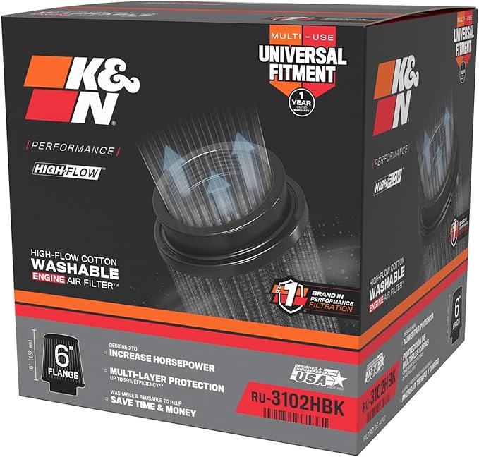 K&N Dryflow Lifetime Universal Clamp-On Air Filter: Dry Synthetic, Washable, Oil-Free: Flange Diameter: 6 In, Filter Height: 6 In, Flange Length: 1 In, Shape: Round Tapered, RU-3102HBK