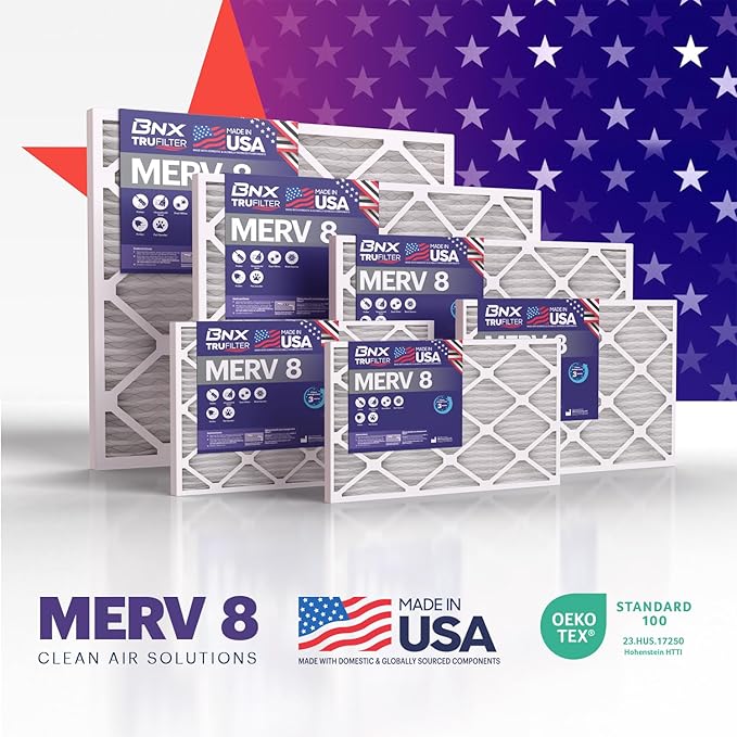 BNX TruFilter 20x25x2 Air Filter MERV 8 (4-Pack) - MADE IN USA – Dust & Pet Defense Electrostatic Pleated Air Conditioner HVAC AC Furnace Filters for Dust, Pet, Mold, Pollen MPR 600 – 700 & FPR 5
